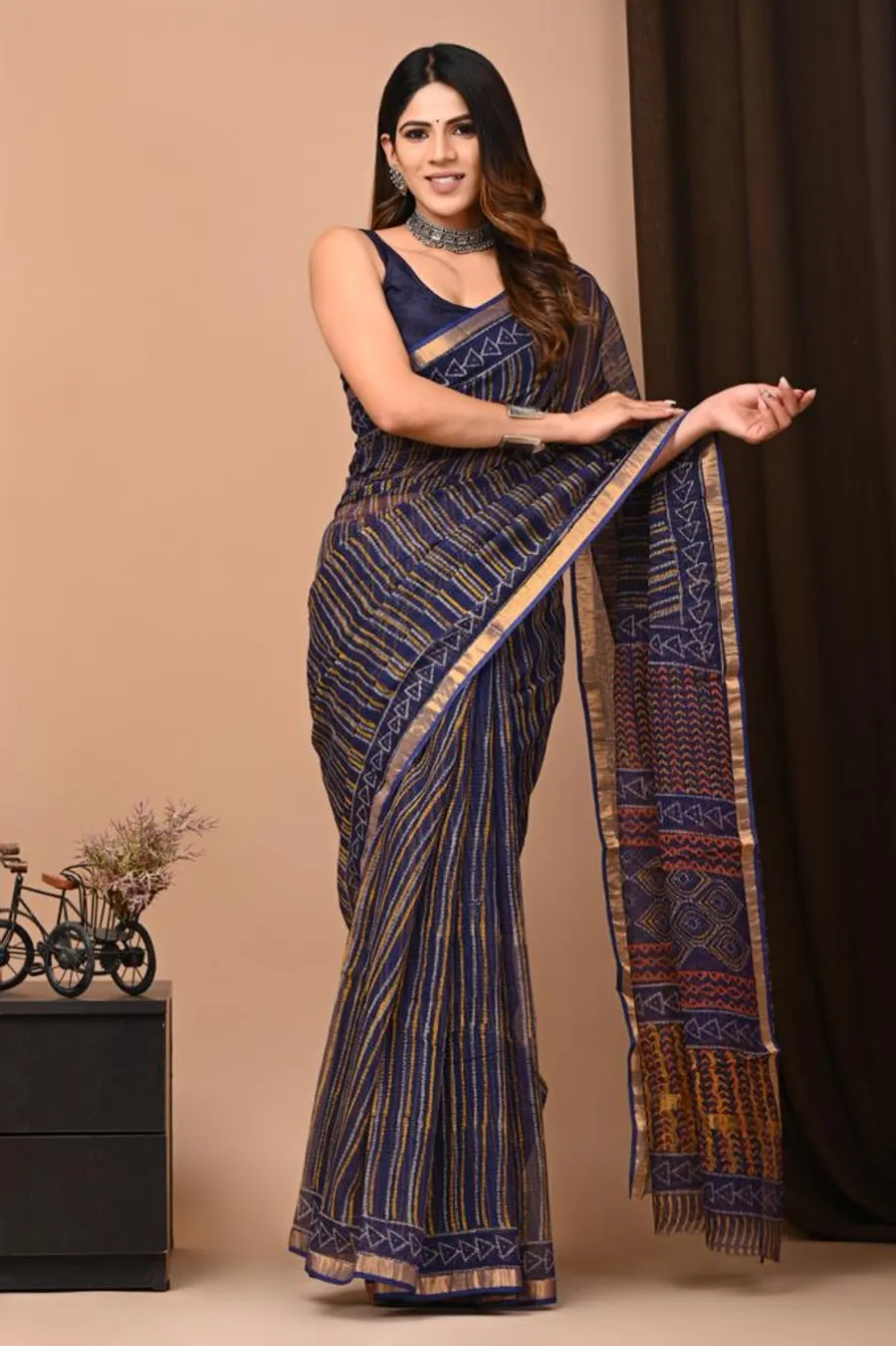 Handcrafted Bagru Print Indigo Colour Kota Sarees